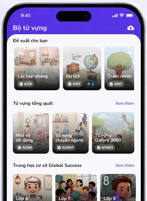 Màn hình bộ từ vựng theo chủ đề trong app VocaMax