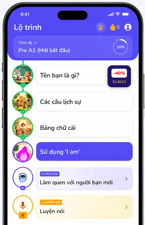 Màn hình lộ trình học trong app VocaMax