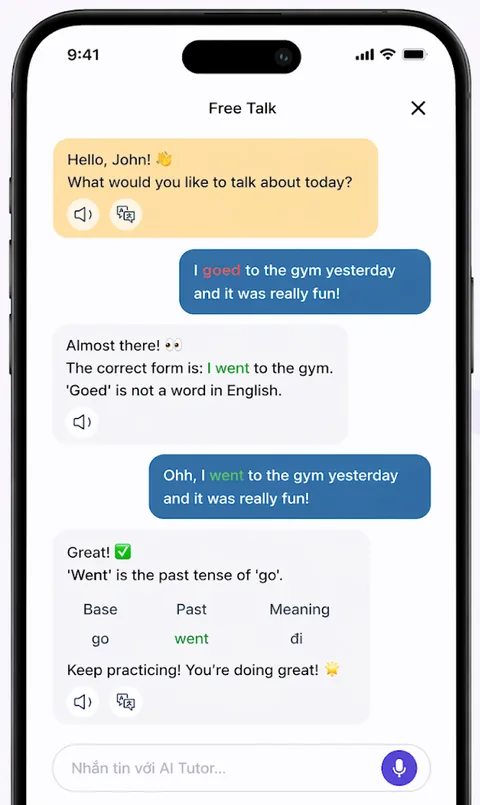 Màn hình trò chuyện với AI Tutor trong app VocaMax